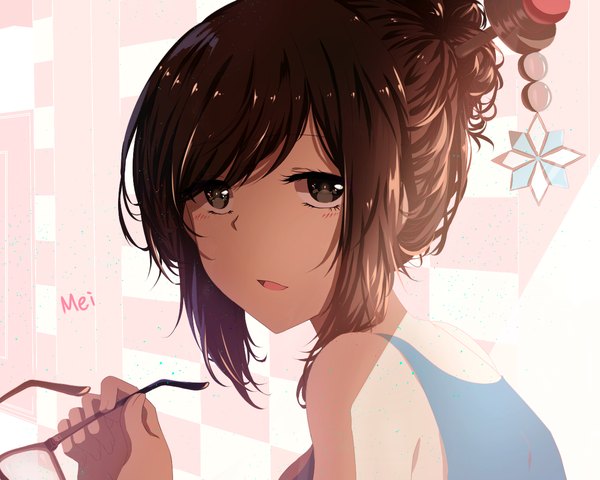 Anime picture 1280x1024 with overwatch blizzard entertainment mei (overwatch) isumi (yangyan) single looking at viewer fringe short hair open mouth blue eyes brown hair payot looking back black eyes hair bun (hair buns) character names portrait eyewear removed girl glasses