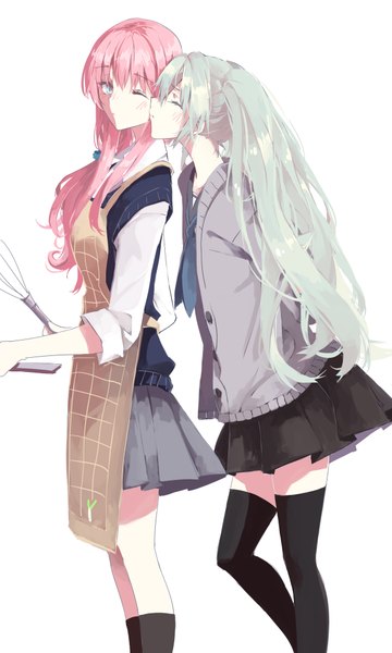 Anime picture 1200x2000 with vocaloid hatsune miku megurine luka ghost (ghost528) long hair tall image blush breasts blue eyes simple background standing white background twintails multiple girls pink hair bent knee (knees) eyes closed profile pleated skirt aqua hair