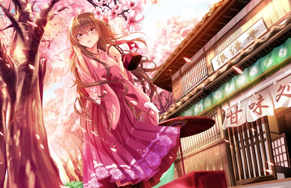 Anime picture 1090x705 with original haruka natsuki single long hair blush red eyes brown hair cherry blossoms girl dress plant (plants) petals tree (trees) umbrella oriental umbrella