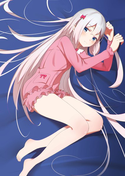 Anime picture 2480x3507 with eromanga sensei a-1 pictures izumi sagiri xie wang single tall image looking at viewer blush fringe highres blue eyes silver hair lying very long hair bare legs embarrassed legs girl bow hair bow