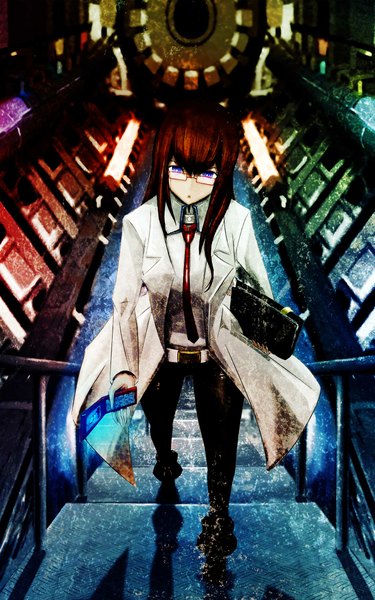 Anime picture 1425x2280 with steins;gate white fox makise kurisu rebas single long hair tall image looking at viewer blue eyes brown hair girl glasses necktie phone labcoat