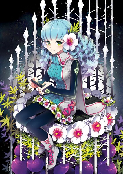 Anime picture 708x1000 with original nardack single long hair tall image looking at viewer blush smile green eyes blue hair hair flower wavy hair girl dress hair ornament flower (flowers) boots