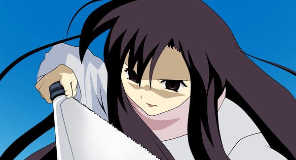 Anime picture 2007x1090 with school days katsura kotonoha long hair highres simple background wide image purple eyes purple hair blue background girl knife