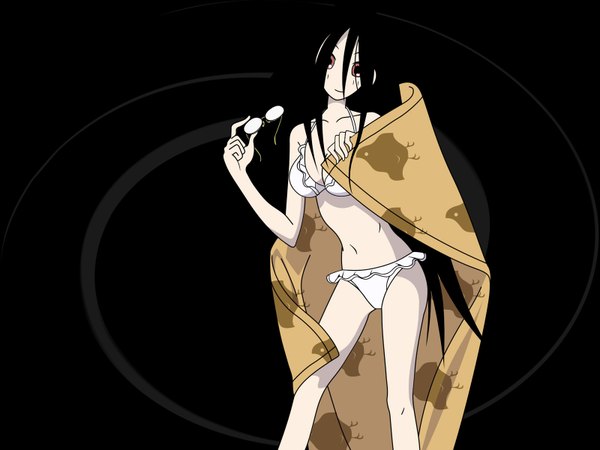 Anime picture 1600x1200 with sayonara zetsubou sensei shaft (studio) komori kiri single long hair fringe highres breasts light erotic black hair smile brown eyes wallpaper pale skin holding eyewear blending girl swimsuit bikini glasses