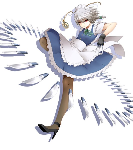 Anime picture 1000x1125 with touhou izayoi sakuya lauqe (artist) single tall image short hair simple background red eyes white background silver hair maid girl shoes headdress maid headdress apron clock pocket watch