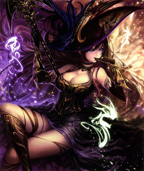 Anime picture 7381x8767 with shingeki no bahamut tachikawa mushimaro (bimo) single long hair tall image highres brown hair sitting purple eyes absurdres cleavage scan crossed legs fantasy smoking fairy girl gloves hat elbow gloves