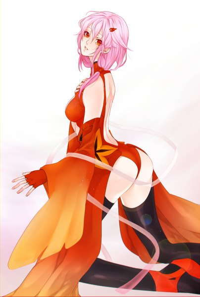 Anime picture 900x1335 with guilty crown production i.g yuzuriha inori single long hair tall image looking at viewer light erotic red eyes bare shoulders pink hair ass girl thighhighs gloves hair ornament black thighhighs detached sleeves hairclip fingerless gloves