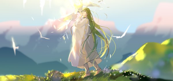 Anime picture 3651x1724 with fate (series) fate/strange fake enkidu (fate) rrr (reason) single highres wide image sky full body eyes closed very long hair barefoot green hair androgynous bird on hand boy animal bird (birds)