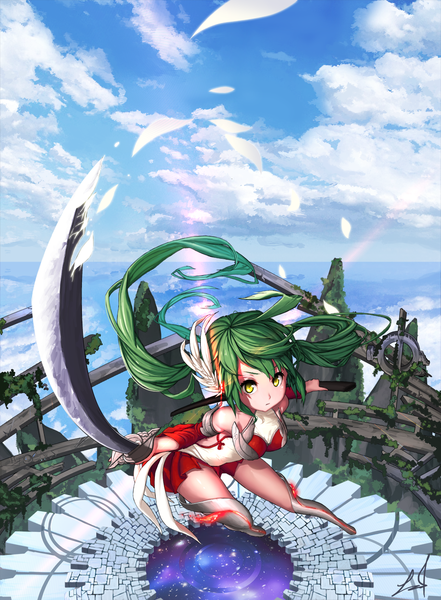 Anime picture 920x1252 with original kuri choko single long hair tall image looking at viewer fringe twintails bare shoulders holding yellow eyes sky cloud (clouds) green hair night leaning zettai ryouiki leaning forward night sky girl