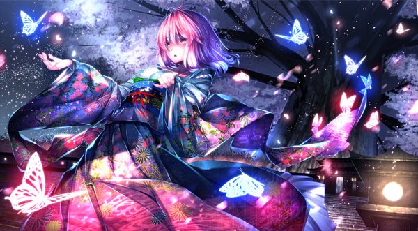 Anime picture 1448x800 with touhou saigyouji yuyuko ryosios single short hair open mouth wide image yellow eyes pink hair ahoge traditional clothes japanese clothes colorful girl ribbon (ribbons) plant (plants) tree (trees) kimono insect butterfly