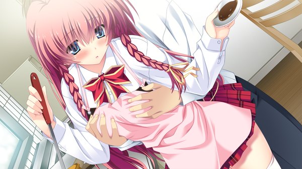 Anime picture 1280x720 with kozukuri shiyou yo souma-kun long hair blush blue eyes light erotic wide image pink hair game cg braid (braids) girl skirt uniform school uniform apron