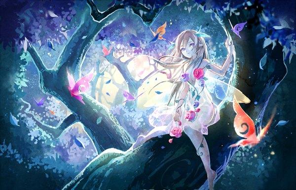 Anime picture 1100x707 with original tobi (kotetsu) single long hair looking at viewer smile brown hair sitting purple eyes bare shoulders barefoot pointy ears sunlight no shoes transparent insect wings girl dress flower (flowers) plant (plants)