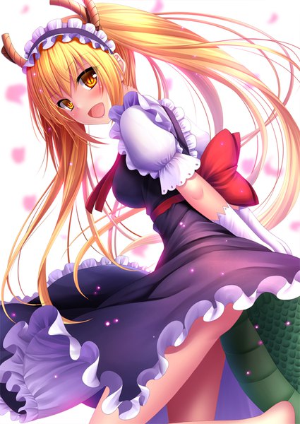Anime picture 708x1000 with kobayashi-san chi no maidragon kyoto animation tooru (maidragon) toshi (1-147) single long hair tall image looking at viewer blush fringe open mouth light erotic blonde hair smile twintails yellow eyes looking back barefoot horn (horns) maid