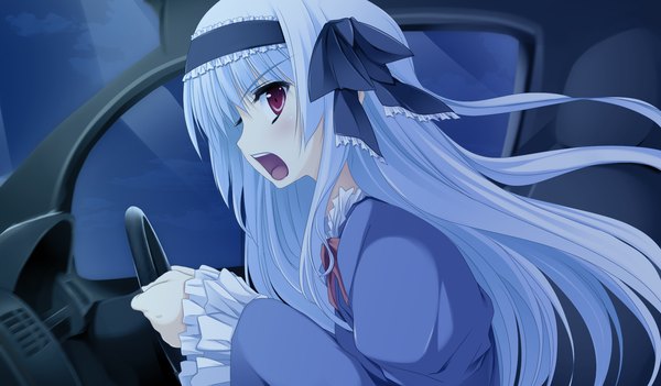 Anime picture 2048x1200 with oshiete ecchi na recipe long hair highres open mouth red eyes wide image game cg white hair girl hairband