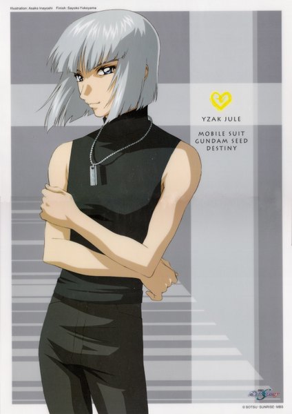 Anime picture 2480x3508 with mobile suit gundam gundam seed destiny sunrise (studio) yzak jule tall image highres short hair blue eyes grey hair grey background sleeveless border boy pendant