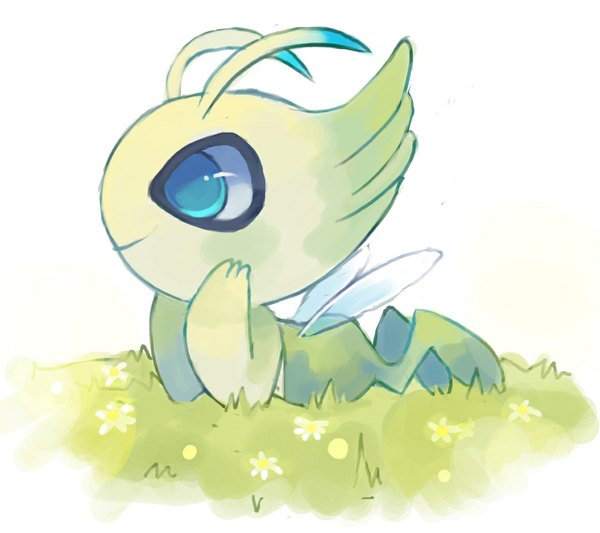 Anime picture 1158x1029 with pokemon nintendo celebi suikuzu single blue eyes simple background white background looking away profile green hair light smile gen 2 pokemon meadow flower (flowers) plant (plants) wings grass chamomile