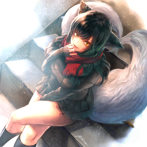 Anime picture 1500x1500 with league of legends ahri (league of legends) bibico single long hair blush fringe breasts black hair smile large breasts sitting signed animal ears looking away tail long sleeves parted lips animal tail pleated skirt