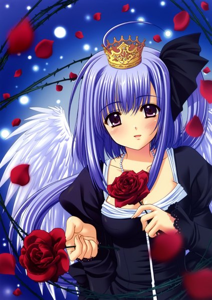 Anime picture 2260x3203 with oretachi ni tsubasa wa nai nishimata aoi long hair tall image highres purple eyes blue hair absurdres girl dress flower (flowers) petals wings rose (roses) crown red rose thorns