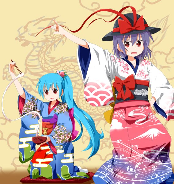 Anime picture 1200x1266 with touhou hinanawi tenshi nagae iku ruu (tksymkw) long hair tall image short hair open mouth red eyes multiple girls blue hair purple hair ponytail traditional clothes japanese clothes arms up girl 2 girls hat food