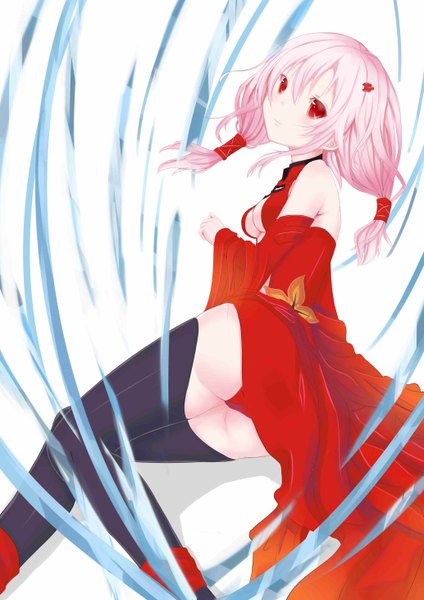 Anime picture 4133x5846 with guilty crown production i.g yuzuriha inori wenhe single long hair tall image blush highres light erotic simple background red eyes white background pink hair absurdres ass light smile girl thighhighs hair ornament