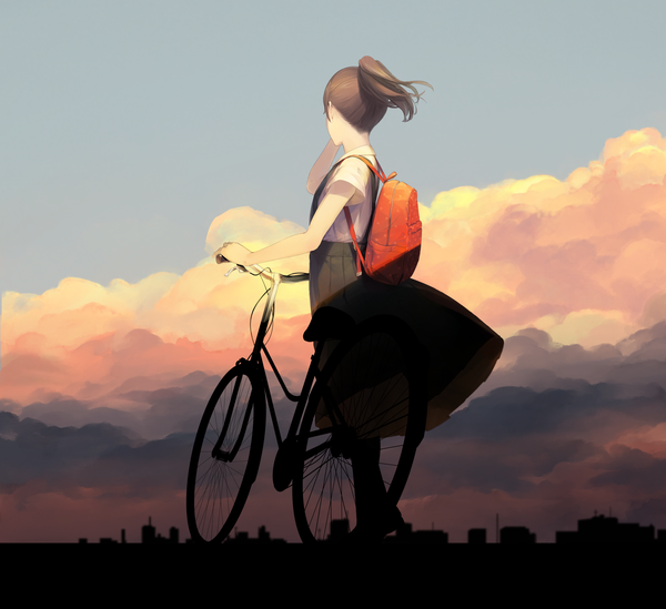 Anime picture 1800x1647 with original sousou (sousouworks) single highres short hair black hair holding sky cloud (clouds) ponytail pleated skirt wind from behind shadow from below short sleeves city cityscape walking girl