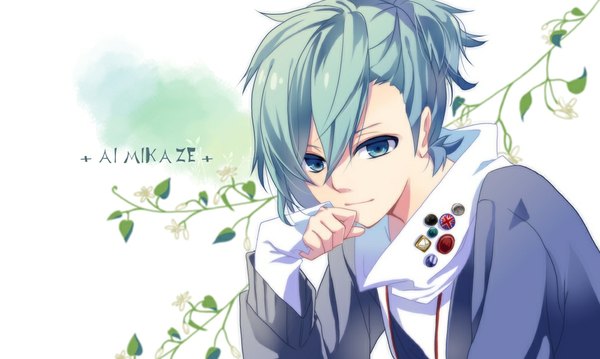 Anime picture 1024x614 with uta no prince-sama a-1 pictures mikaze ai single short hair simple background wide image white background aqua eyes aqua hair open clothes open jacket boy flower (flowers) plant (plants) jacket sweater buttons branch