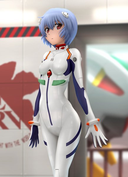 Anime picture 940x1300 with neon genesis evangelion gainax ayanami rei siraha single tall image looking at viewer short hair red eyes blue hair nerv girl gloves bodysuit pilot suit
