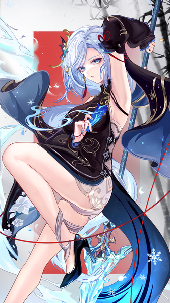 Anime picture 2160x3840 with genshin impact shenhe (genshin impact) shenhe (frostflower dew) (genshin impact) vardan single long hair tall image looking at viewer fringe highres breasts blue eyes light erotic standing holding silver hair bent knee (knees) nail polish arm up armpit (armpits)