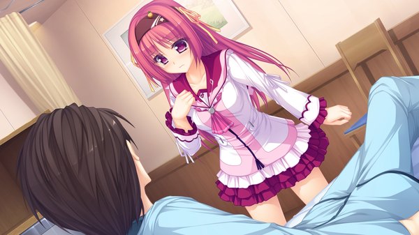 Anime picture 1920x1080 with usotsuki ouji to nayameru ohime-sama kurimiya mikan tenmaso long hair blush highres short hair open mouth black hair wide image purple eyes game cg purple hair girl boy uniform school uniform hairband