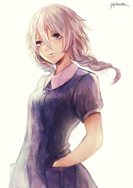Anime picture 708x1000 with vocaloid ia (vocaloid) yuji kazakiri single tall image blush simple background white background signed white hair braid (braids) grey eyes twin braids hands in pockets girl dress