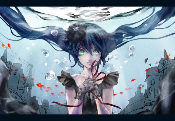 Anime picture 1452x1000 with vocaloid hatsune miku beeec single long hair looking at viewer blush aqua eyes sunlight aqua hair letterboxed underwater sad girl dress gloves hair ornament ribbon (ribbons) animal black gloves
