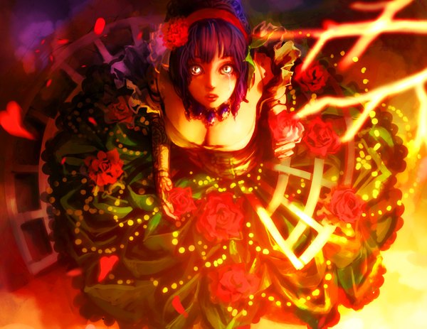 Anime picture 1528x1181 with original genki-de single long hair looking at viewer blush breasts open mouth sitting cleavage purple hair hair flower from above tattoo lipstick tears looking up red lipstick silver eyes sad
