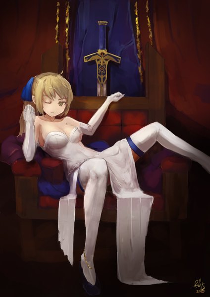 Anime picture 1414x2000 with fate (series) fate/unlimited codes type-moon artoria pendragon (all) saber lily riftgarret single long hair tall image looking at viewer breasts blonde hair sitting bare shoulders green eyes signed ponytail one eye closed wink girl