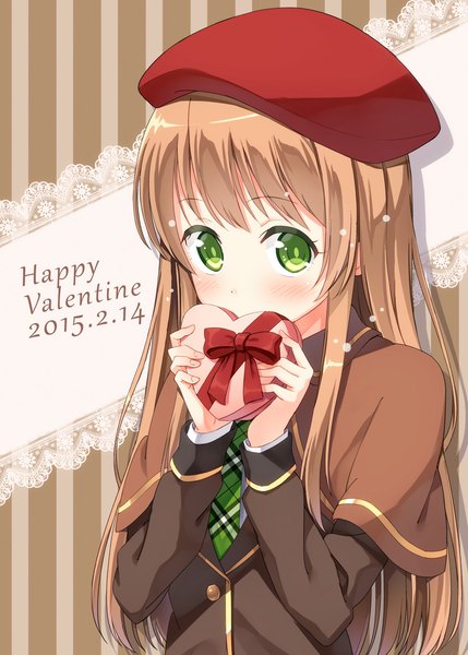 Anime picture 800x1119 with original hyuuga azuri single long hair tall image looking at viewer blush brown hair green eyes valentine girl bow beret gift