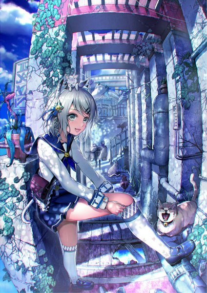Anime picture 800x1131 with original hisahisahisahisa single tall image looking at viewer blush fringe short hair open mouth blue eyes smile sitting sky silver hair cloud (clouds) bent knee (knees) braid (braids) eyes closed pleated skirt sunlight