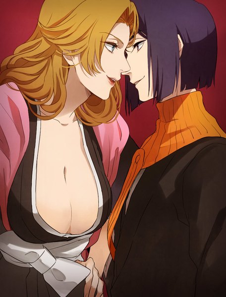 Anime picture 760x1000 with bleach studio pierrot matsumoto rangiku ayasegawa yumichika yukin (es) long hair tall image short hair breasts blue eyes light erotic simple background large breasts purple eyes cleavage purple hair upper body traditional clothes parted lips japanese clothes