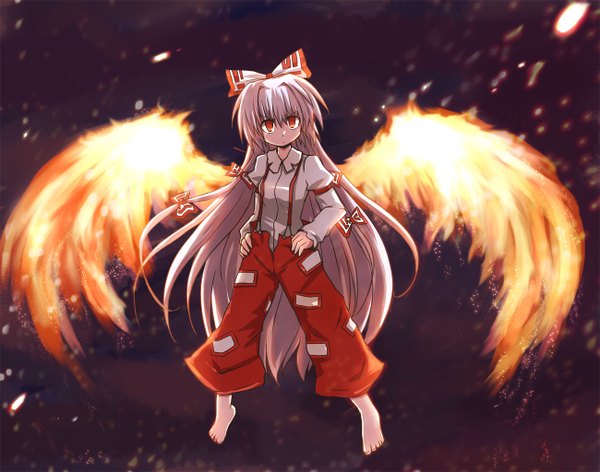 Anime picture 1299x1024 with touhou fujiwara no mokou long hair red eyes girl wings fire