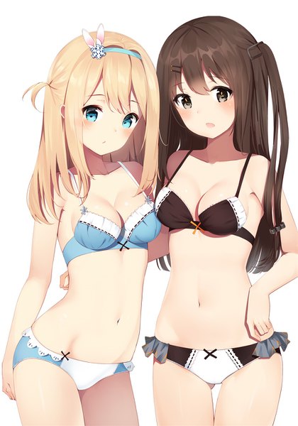 Anime picture 942x1346 with girls frontline suomi kp31 (girls frontline) k-2 (girls frontline) gin00 long hair tall image looking at viewer blush fringe breasts open mouth blue eyes light erotic simple background blonde hair hair between eyes brown hair standing white background multiple girls