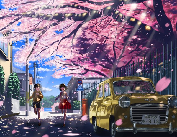Anime picture 1286x1000 with original doora (dora0913) short hair open mouth black hair smile brown eyes cloud (clouds) eyes closed cherry blossoms girl boy plant (plants) petals tree (trees) shorts ground vehicle car traffic sign