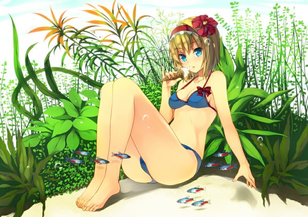 Anime picture 1000x707 with touhou alice margatroid unasaka ryou single short hair blue eyes blonde hair barefoot hair flower legs underwater girl hair ornament swimsuit plant (plants) bikini food hairband sweets fish (fishes)