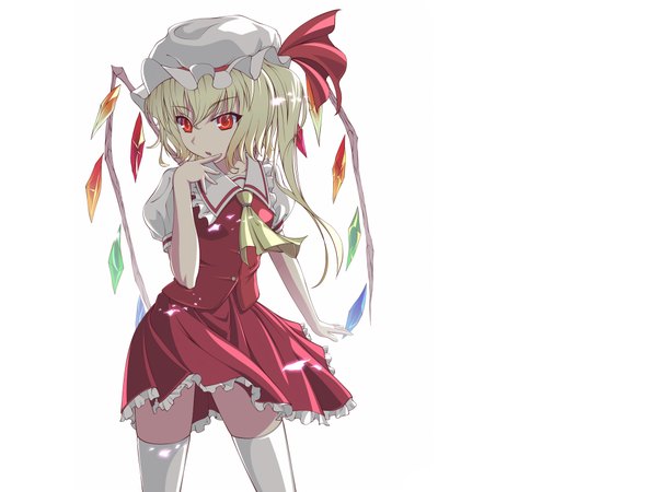 Anime picture 2000x1500 with touhou flandre scarlet supertie single highres short hair simple background blonde hair red eyes white background one side up finger to mouth girl thighhighs skirt shirt white thighhighs wings bonnet skirt set