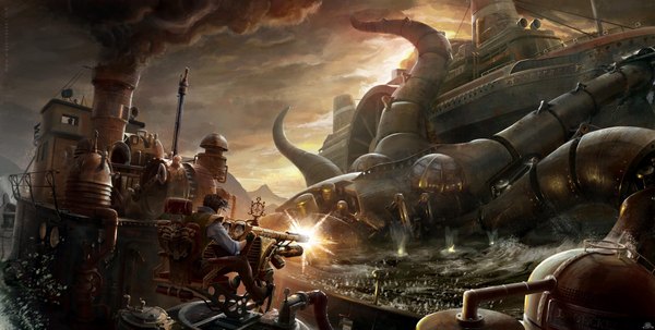 Anime picture 4000x2022 with cthulhu mythos raybender (artist) highres wide image absurdres from behind smoke battle steam punk weapon water gun monster watercraft ship octopus machine