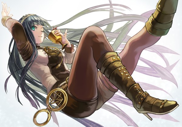 Anime picture 1616x1126 with fate (series) fate/grand order cleopatra (fate/grand order) kuune (muttey-myg) single looking at viewer fringe black hair simple background blunt bangs very long hair one eye closed arm up aqua eyes grey background pinky out girl pantyhose knee boots chalice