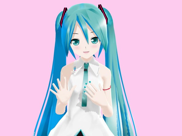 Anime picture 1024x768 with vocaloid hatsune miku single blush smile twintails very long hair nail polish aqua eyes aqua hair pink background girl necktie