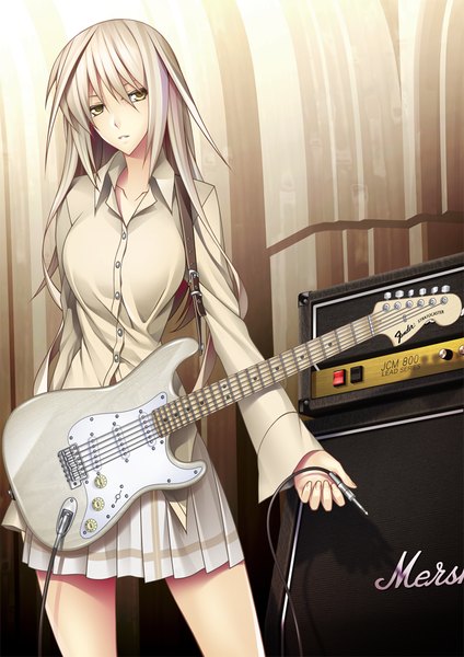 Anime picture 716x1012 with original 440 single long hair tall image fringe breasts blonde hair large breasts standing white background holding yellow eyes looking away pleated skirt girl skirt miniskirt buttons guitar