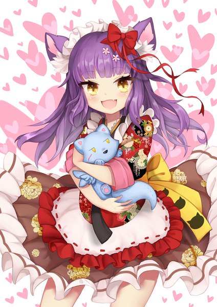 Anime picture 800x1132 with original greyradian single long hair tall image looking at viewer blush fringe open mouth holding animal ears yellow eyes payot purple hair blunt bangs cat ears cat girl fang (fangs) twisty sleeves wa maid