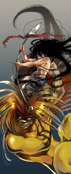 Anime picture 650x1598 with ushio to tora tora (ushio to tora) aotsuki ushio trd tall image fringe open mouth blue eyes black hair hair between eyes looking away very long hair fang (fangs) gradient background scar topless boy weapon monster spear