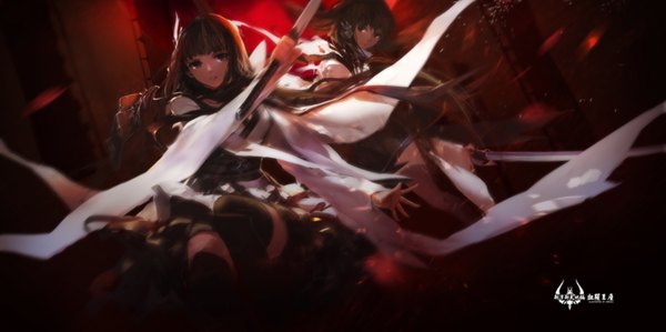 Anime picture 1701x850 with original pixiv fantasia pixiv fantasia t swd3e2 long hair looking at viewer highres black hair wide image multiple girls long sleeves black eyes dark background girl thighhighs dress weapon black thighhighs 2 girls sword