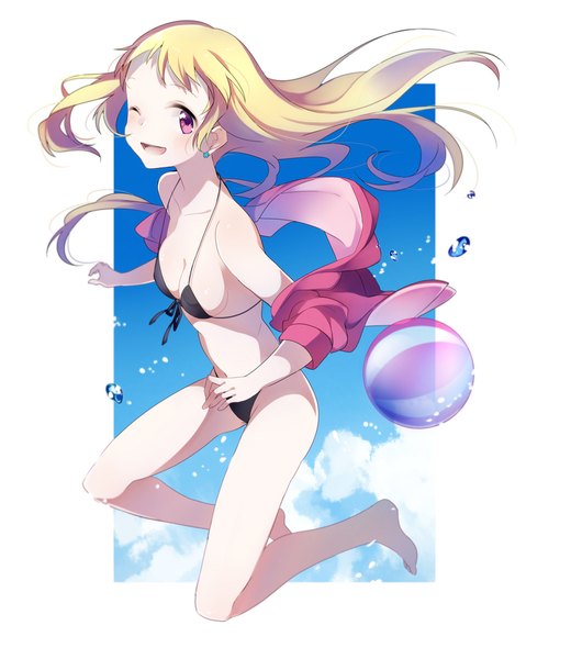 Anime picture 868x1000 with original umiko (munemiu) single long hair tall image looking at viewer blush breasts open mouth light erotic simple background blonde hair smile white background purple eyes payot sky cleavage cloud (clouds) full body