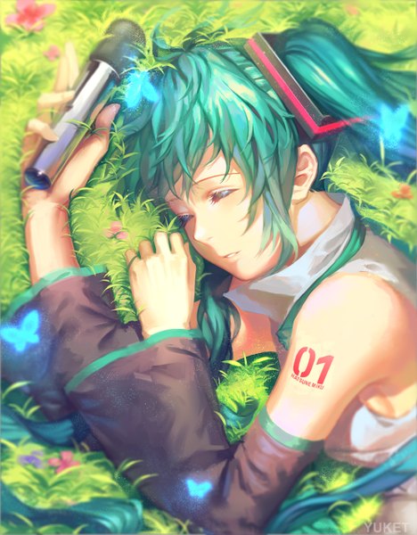 Anime picture 1000x1281 with vocaloid hatsune miku yuket single long hair tall image fringe twintails holding signed payot ahoge upper body eyes closed parted lips aqua hair wide sleeves tattoo sleeping on ground